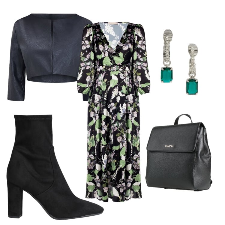 Outfit donna - Moderna in ufficio a febbraio. Stile Boho per Ufficio. Abbinamento con stivaletti, zaini, vestiti, bolero, orecchini.