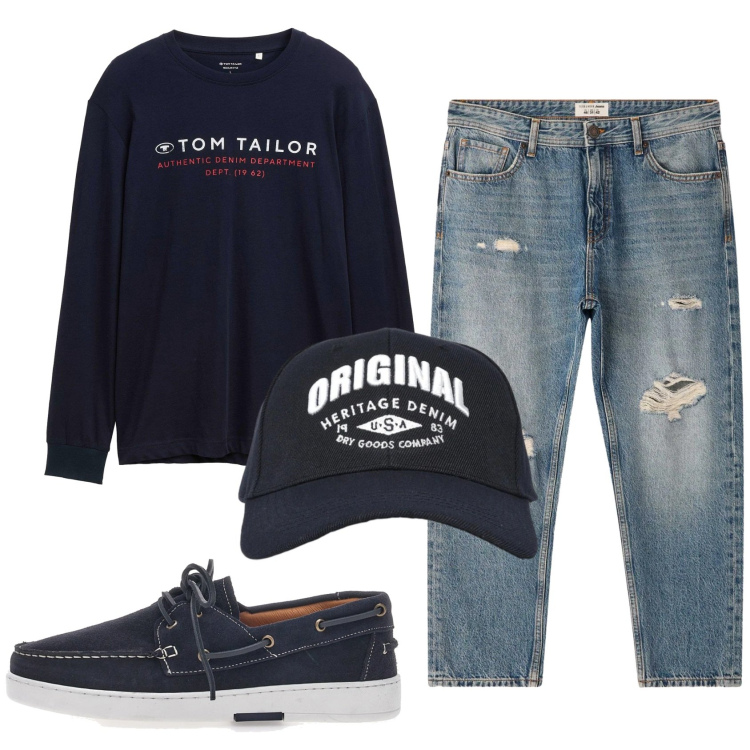 Outfit uomo - Total look #2338033. Stile Casual per Tutti i giorni. Abbinamento con maglieria, cappelli con visiera, jeans strappati, scarpe stringate.
