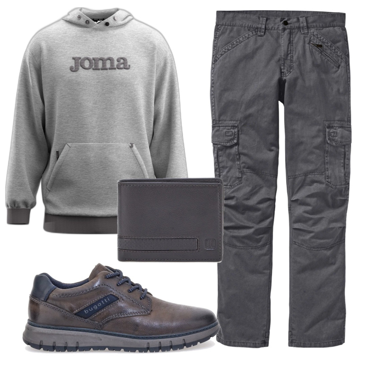 Outfit uomo - Total look #2338035. Stile Casual per Ufficio. Abbinamento con pantaloni cargo, scarpe stringate, portafogli, felpe con cappuccio.