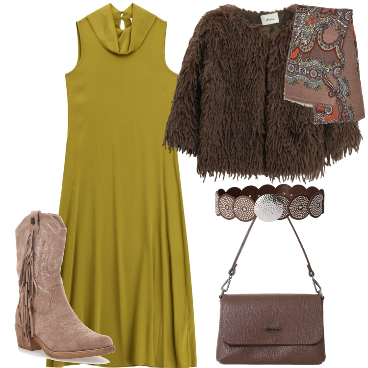 Outfit donna - Total look #2338041. Stile Chic per Tutti i giorni. Abbinamento con vestiti lunghi, blazer, borse a tracolla, cinture, foulard, stivaletti texani.