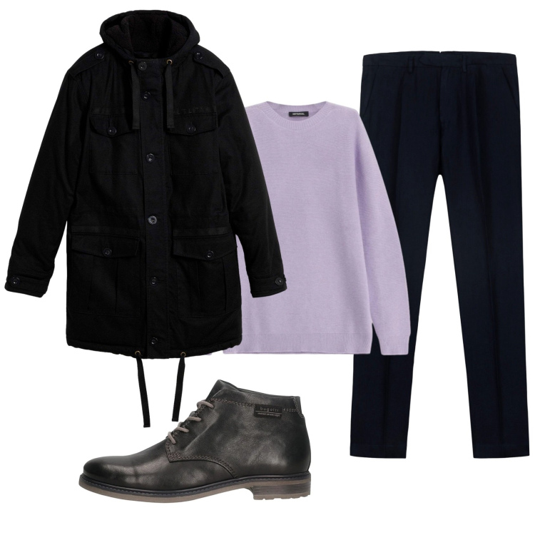 Outfit uomo - Total look #2338048. Stile Business/Elegante per Ufficio. Abbinamento con parka, maglieria, pantaloni, stivali e stivaletti.