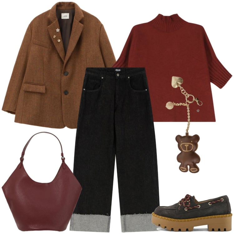 Outfit donna - Casual con stile. Stile Casual per Tutti i giorni. Abbinamento con jeans, borse a spalla, blazer, portachiavi, maglieria, mocassini.