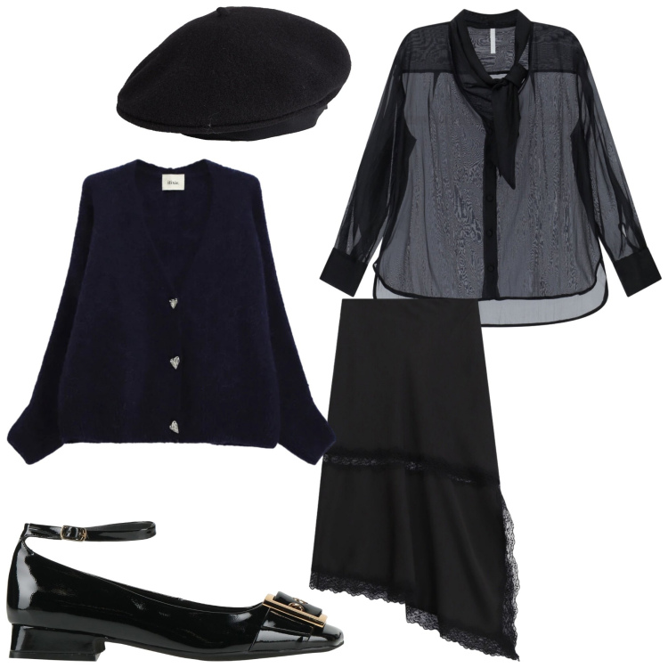 Outfit donna - Black romantic. Stile Glamour per Serata fuori. Abbinamento con cappelli e berretti, ballerine, camicie, gonne longuette, cardigans.