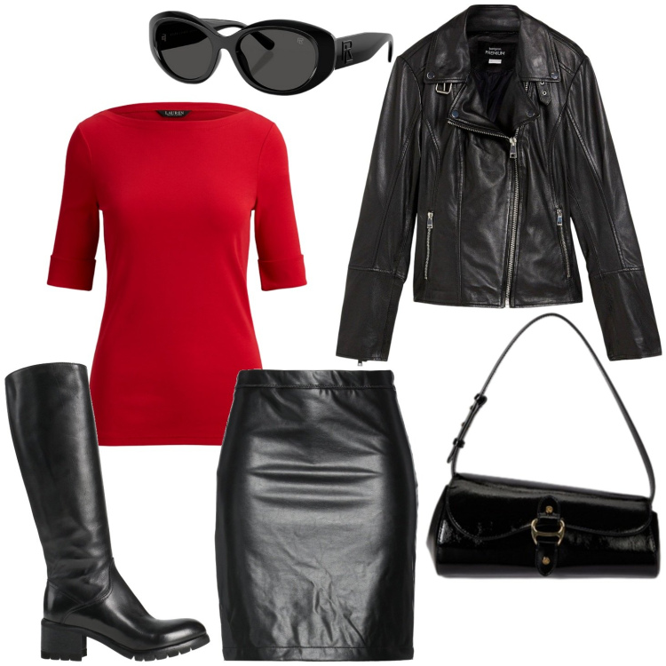 Outfit donna - Maglia rossa gonna nera. Stile Rock per Tutti i giorni. Abbinamento con blazer, stivali, minigonne, borse a spalla, occhiali da sole, t-shirt.