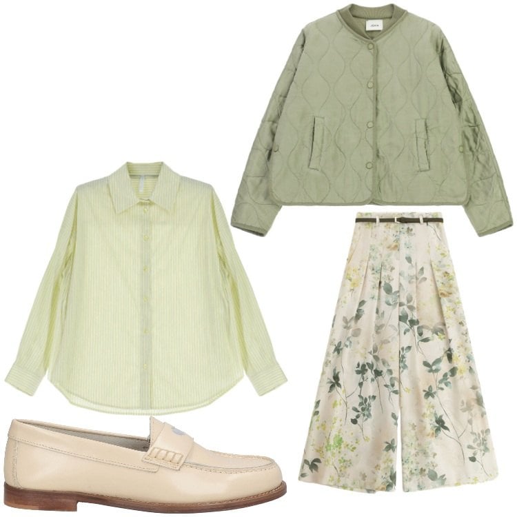 Outfit donna - Fiori. Stile Glamour per Serata fuori. Abbinamento con mocassini, pantaloni a palazzo, camicie, giacche.