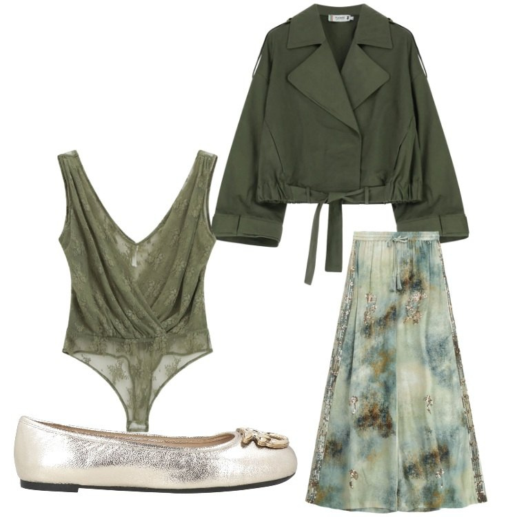 Outfit donna - Verde floreale. Stile Glamour per Serata fuori. Abbinamento con ballerine, top, pantaloni a palazzo, parka.