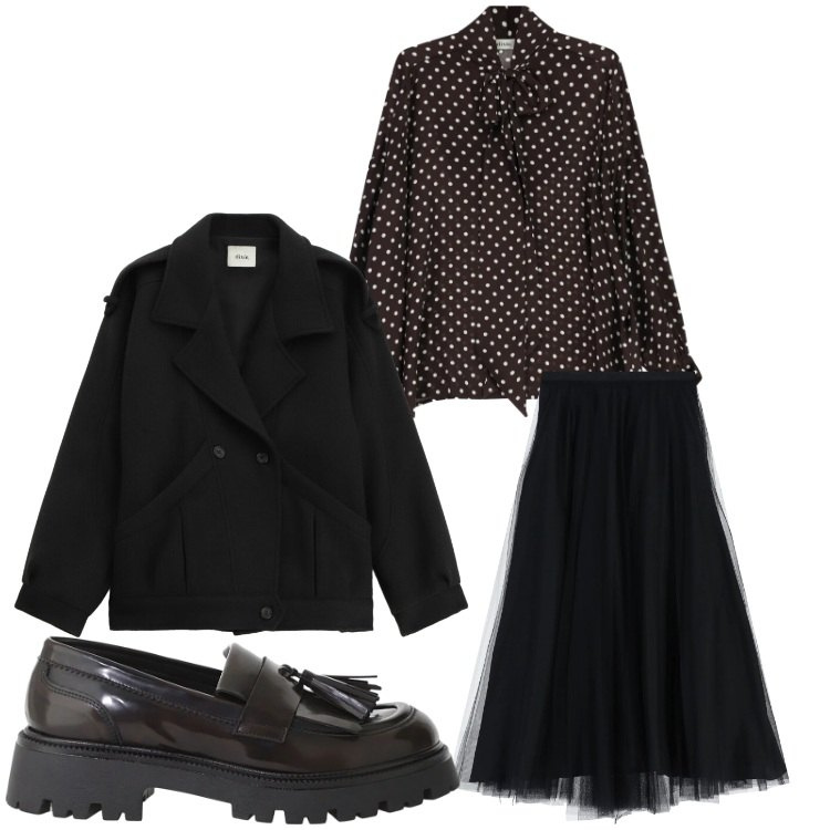 Outfit donna - Glam a pois. Stile Glamour per Serata fuori. Abbinamento con gonne lunghe, camicie, blazer, mocassini.