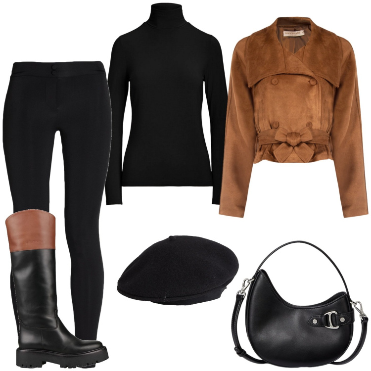Outfit donna - A passeggio con il bassotto. Stile Casual per Tutti i giorni. Abbinamento con stivali, cappelli e berretti, leggings, giacche, borse a tracolla, top.