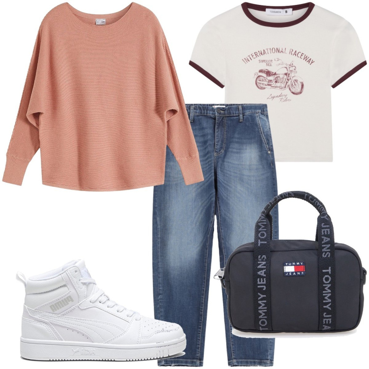 Outfit donna - Tempo libero. Stile Basic per Tutti i giorni. Abbinamento con maglieria, t-shirt, jeans, sneakers alte, borse a tracolla.