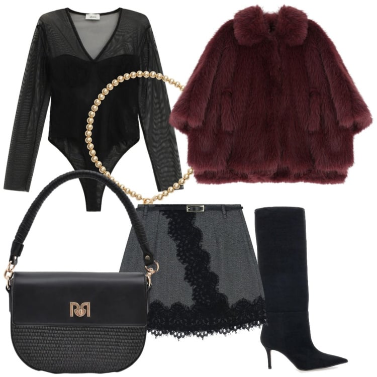 Outfit donna - Sofisticato. Stile Casual chic per Serata fuori. Abbinamento con blazer, borse a spalla, minigonne, collane, body, stivali.