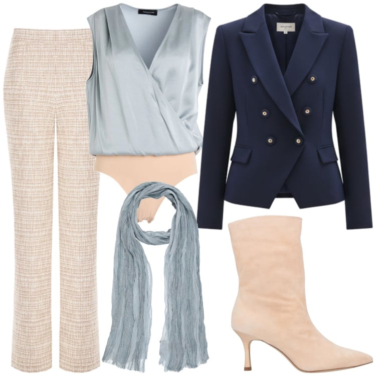 Outfit donna - Total look #2338079. Stile Glamour per Serata fuori. Abbinamento con stivaletti, body, sciarpe, blazer, pantaloni a palazzo.