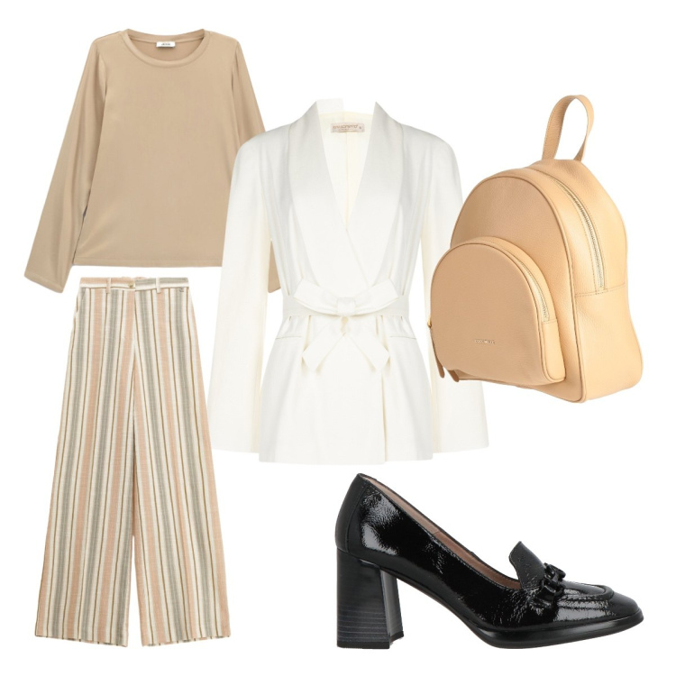 Outfit donna - Romantic, but make it Glam. Stile Glamour per Ufficio. Abbinamento con zaini, mocassini, t-shirt, pantaloni a palazzo, blazer.