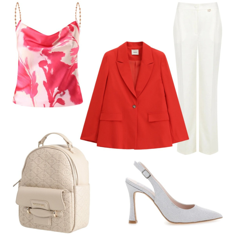 Outfit donna - Pranzo di lavoro. Stile Romantica per Ufficio. Abbinamento con zaini, blazer, canottiere, pantaloni a palazzo, décolleté.