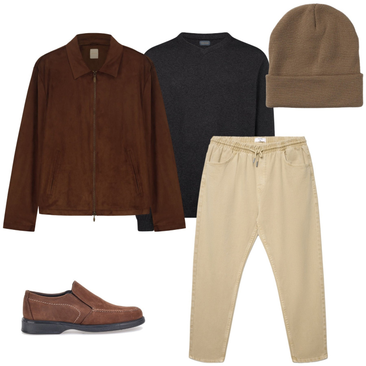 Outfit uomo - Chocolate Suede & Charcoal Layers. Stile Urban per Tutti i giorni. Abbinamento con pantaloni, berretti, maglieria, giacche, scarpe stringate.