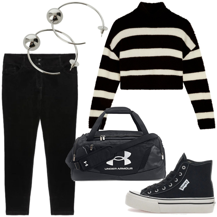 Outfit donna - Amore tra le righe. Stile Casual per Tutti i giorni. Abbinamento con maglieria, pantaloni skinny, orecchini, sneakers, zaini.