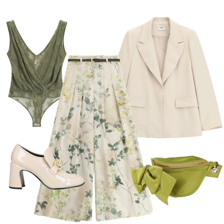 Outfit donna - Romantica. Stile Glamour per Tutti i giorni. Abbinamento con marsupi, mocassini, top, pantaloni a palazzo, blazer.