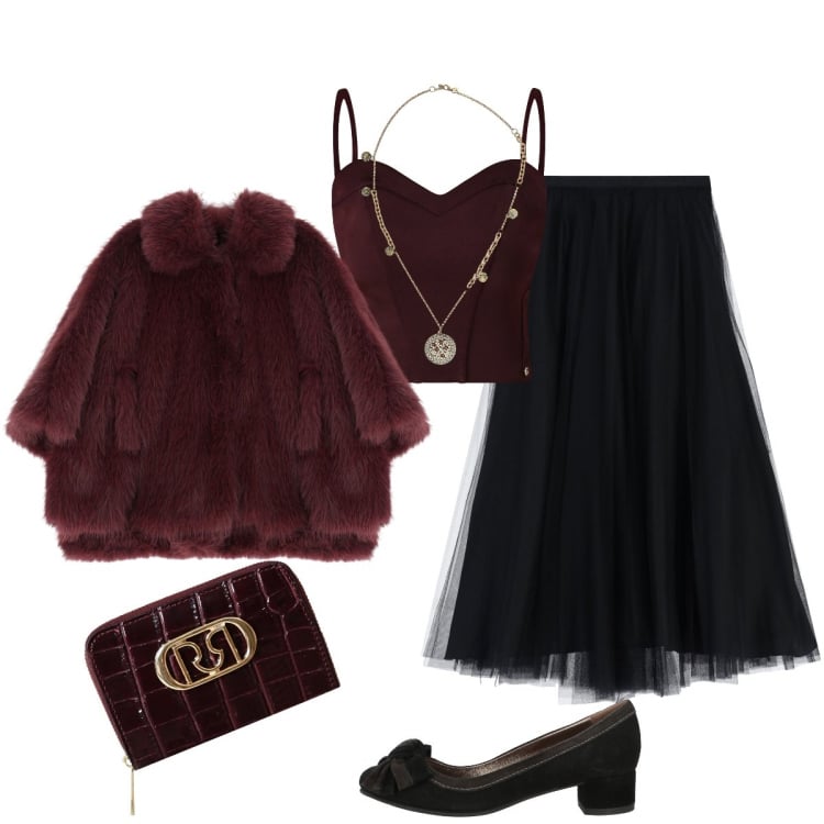 Outfit donna - Romantic Glam. Stile Glamour per Serata fuori. Abbinamento con décolleté, gonne lunghe, ciondoli, blazer, top, portafogli.