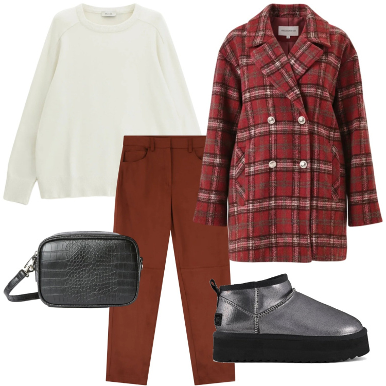 Outfit donna - Tempo libero. Stile Minimal per Tutti i giorni. Abbinamento con pantaloni chino, borse a tracolla, pullovers, cappotti, stivaletti.