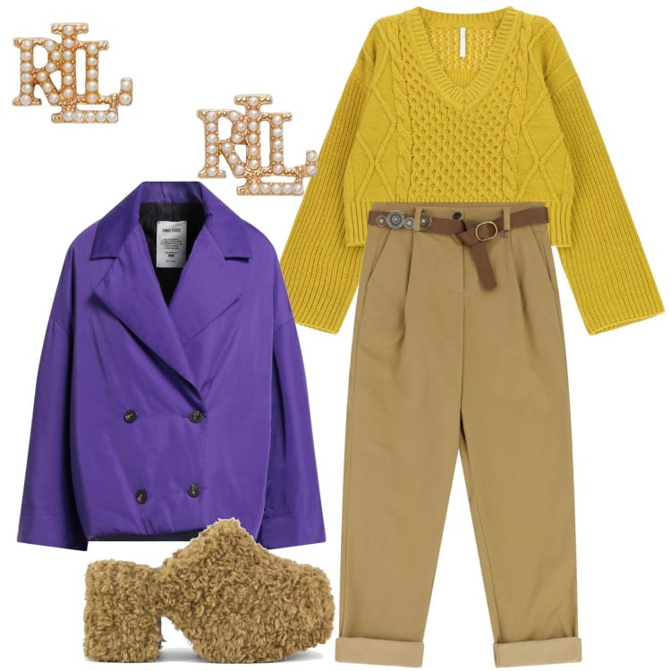 Outfit donna - Febbraio a colori. Stile Trendy per Tutti i giorni. Abbinamento con caban, maglieria, orecchini, pantaloni, sabot.