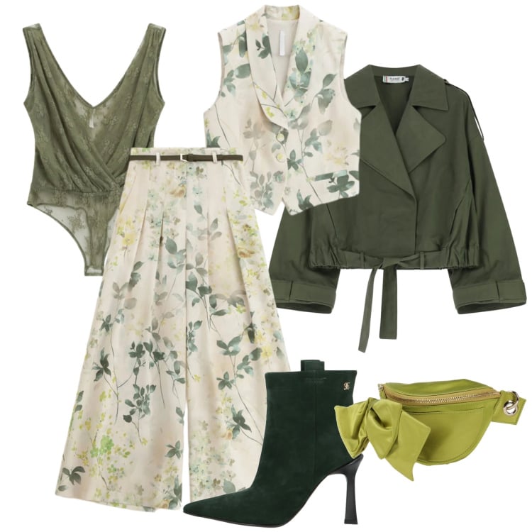 Outfit donna - Romantic glam floreale. Stile Glamour per Serata fuori. Abbinamento con marsupi, stivaletti, pantaloni a palazzo, top, gilet, parka.