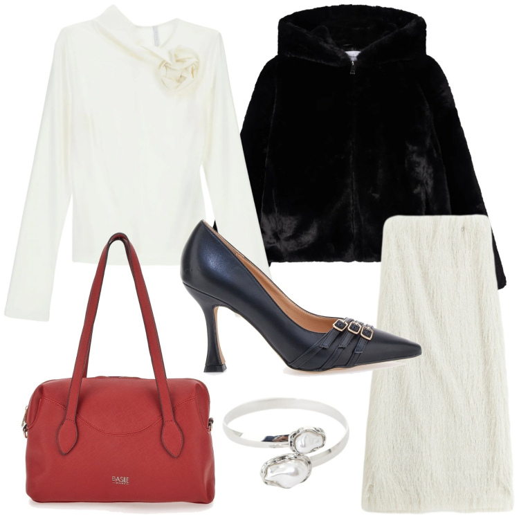 Outfit donna - Décolleté mania. Stile Chic per Serata fuori. Abbinamento con ecopellicce, t-shirt, braccialetti, gonne lunghe, borse a spalla, décolleté.