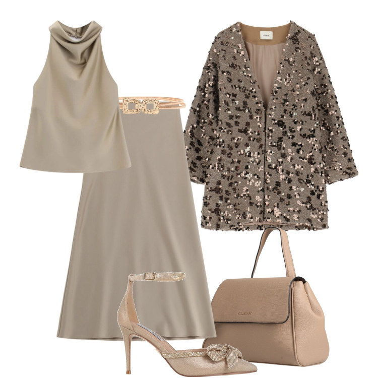 Outfit donna - Luminosa romantica glamour. Stile Glamour per Serata fuori. Abbinamento con zaini, décolleté, gonne lunghe, top, cappotti, cinture.