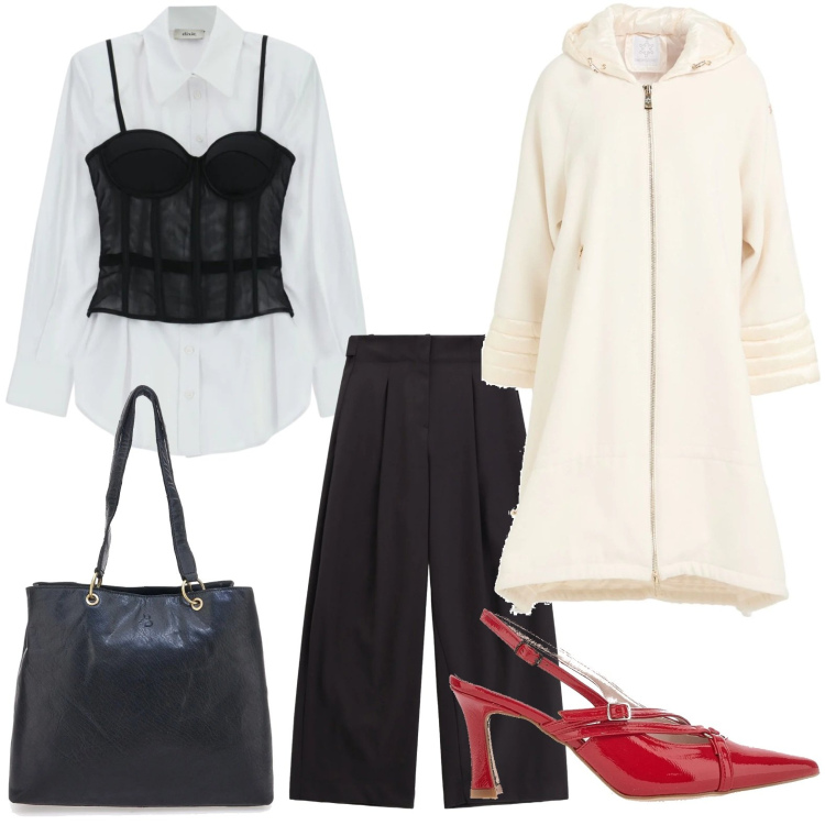 Outfit donna - Pittarello glam. Stile Chic per Tutti i giorni. Abbinamento con cappotti, pantaloni a palazzo, camicie, décolleté, shopping bag.