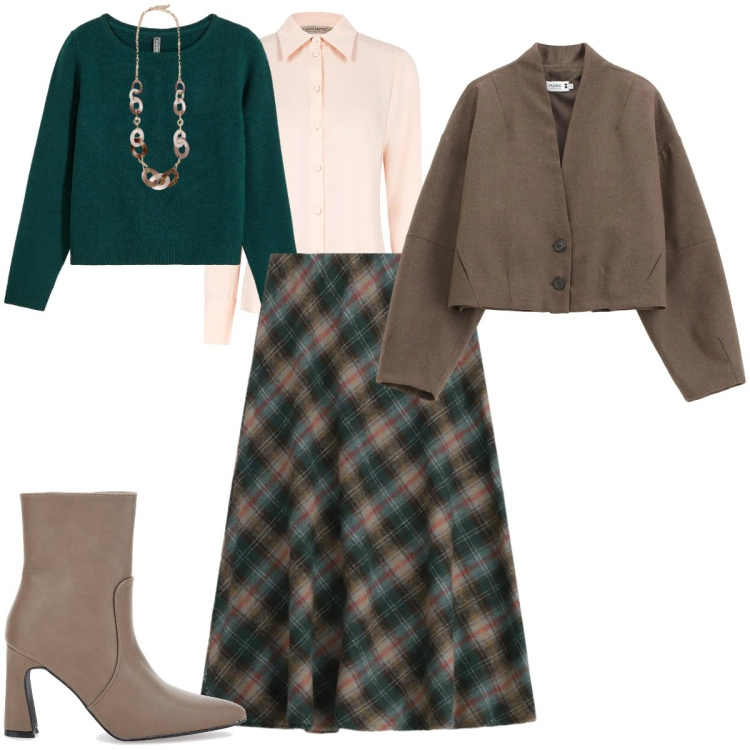 Outfit donna - Total look. Stile Casual per Tutti i giorni. Abbinamento con maglieria, collane, gonne longuette, blazer, camicie, stivaletti.