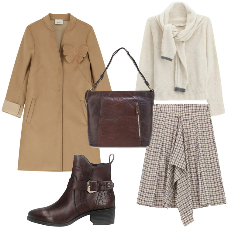 Outfit donna - Aperitivo metropolitano. Stile Minimal per Tutti i giorni. Abbinamento con maglieria, cappotti, gonne longuette, stivaletti, borse a spalla.