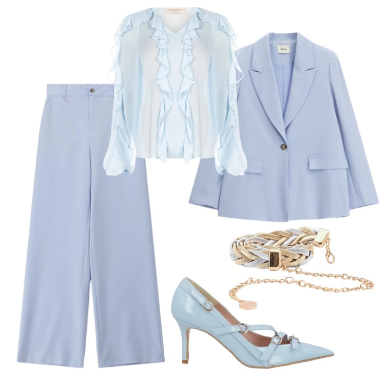 Outfit donna - Azzurro romantic glam. Stile Glamour per Cerimonia. Abbinamento con décolleté, pantaloni a palazzo, blazer, bluse, cinture.