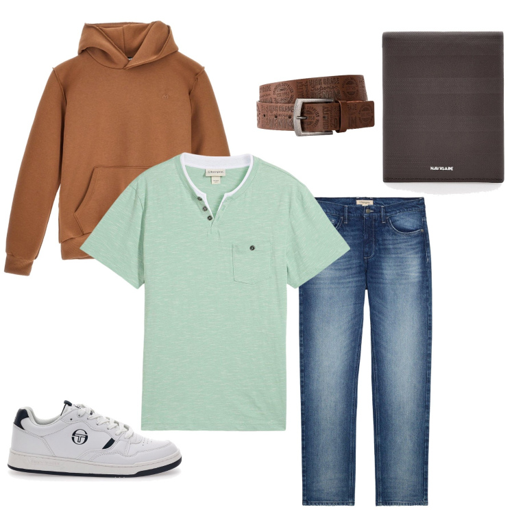 Outfit uomo - Eleganza Casual Quotidiana. Stile Urban per Tutti i giorni. Abbinamento con jeans dritti, cinture, t-shirt, portafogli, felpe con cappuccio, sneakers.