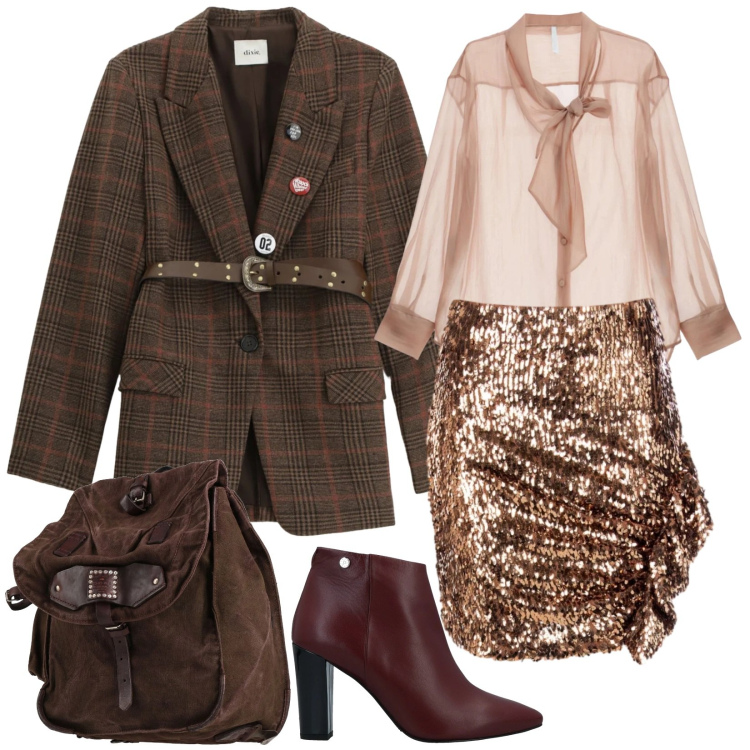 Outfit donna - Incontro d\'amore. Stile Glamour per Serata fuori. Abbinamento con stivaletti, zaini, camicie, blazer, minigonne.