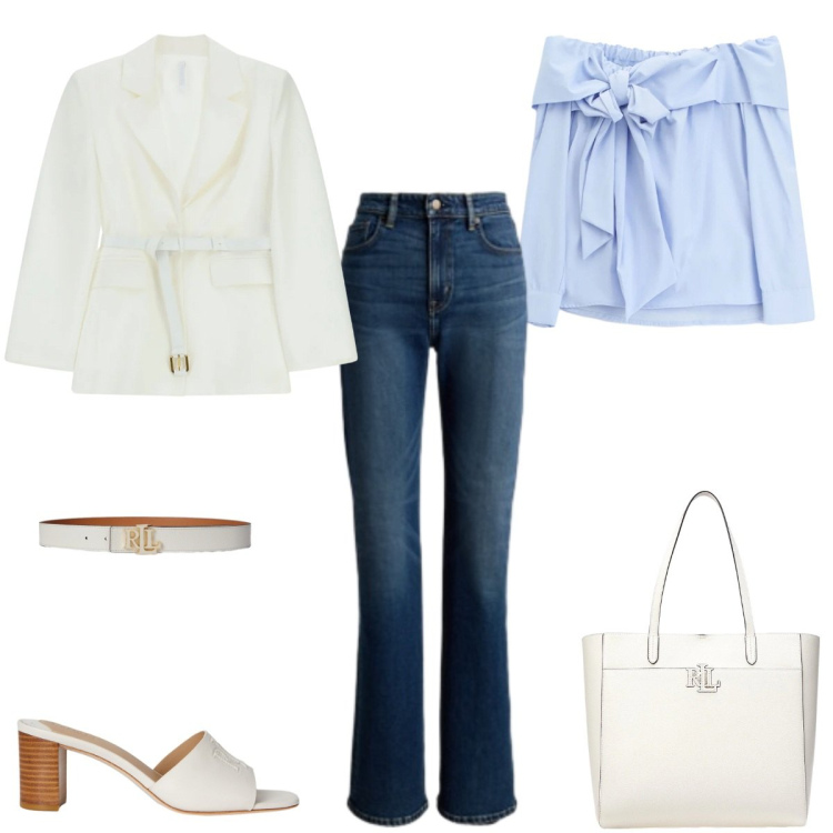 Outfit donna - Stile. Abbinamento con blazer, top, borse tote, sandali in pelle, cinture, jeans.