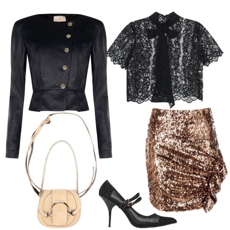 Outfit donna - Total look #2338132. Stile Glamour per Serata fuori. Abbinamento con marsupi, décolleté, top, giacche, minigonne.