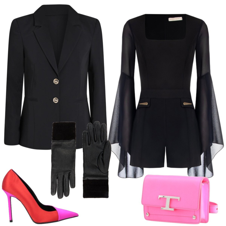 Outfit donna - Total look #2338135. Stile Glamour per Serata fuori. Abbinamento con marsupi, décolleté, guanti, tuta corta, blazer.