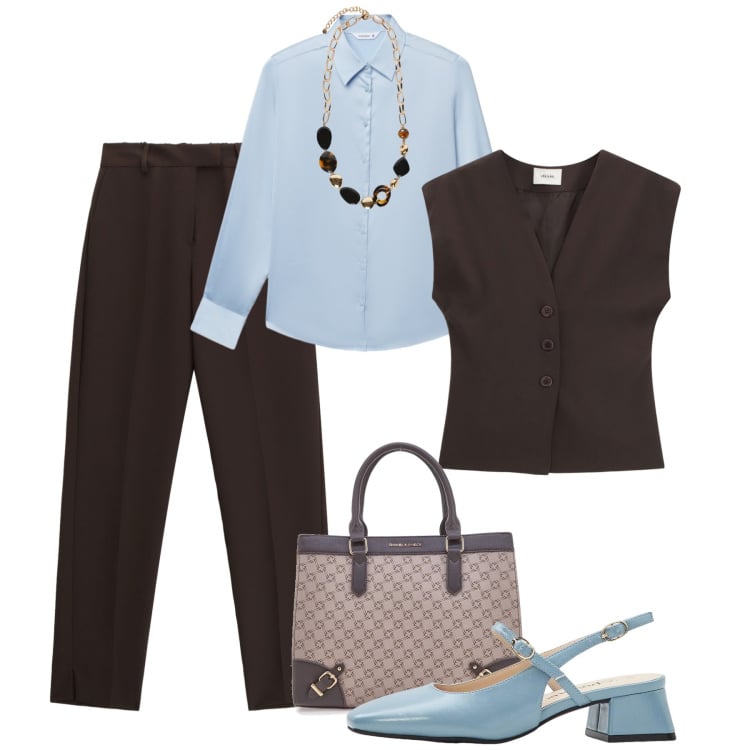 Outfit donna - Marrone e azzurro. Stile Glamour per Ufficio. Abbinamento con décolleté, collane, camicie, pantaloni, gilet, borse a tracolla.