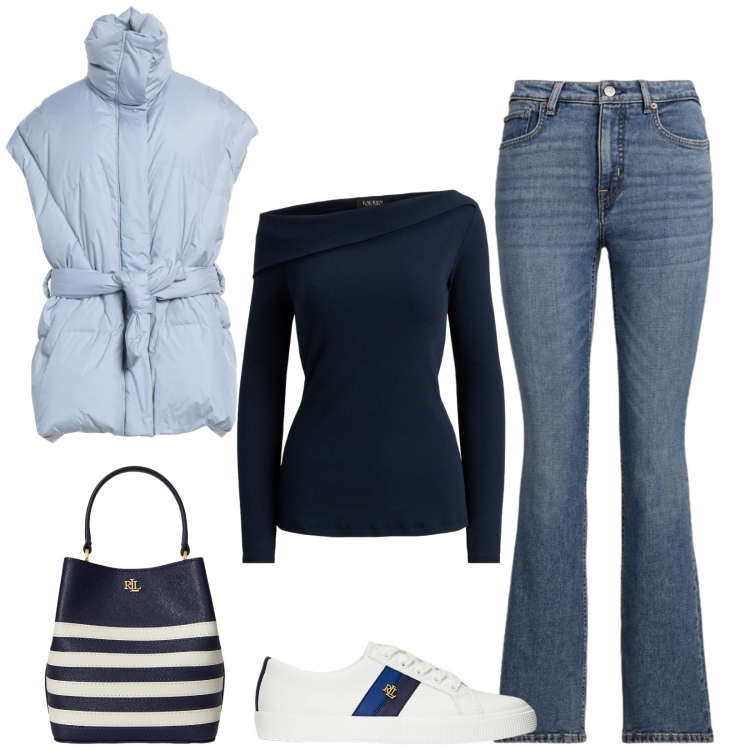 Outfit donna - Total look #2338138. Stile Casual per Tutti i giorni. Abbinamento con cinture, sneakers, borse a secchiello, top, jeans bootcut.