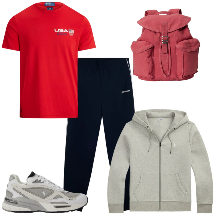 Outfit uomo - Total look #2338139. Stile Urban per Sport. Abbinamento con pantaloni sportivi, borse sportive, t-shirt, sneakers, felpe.