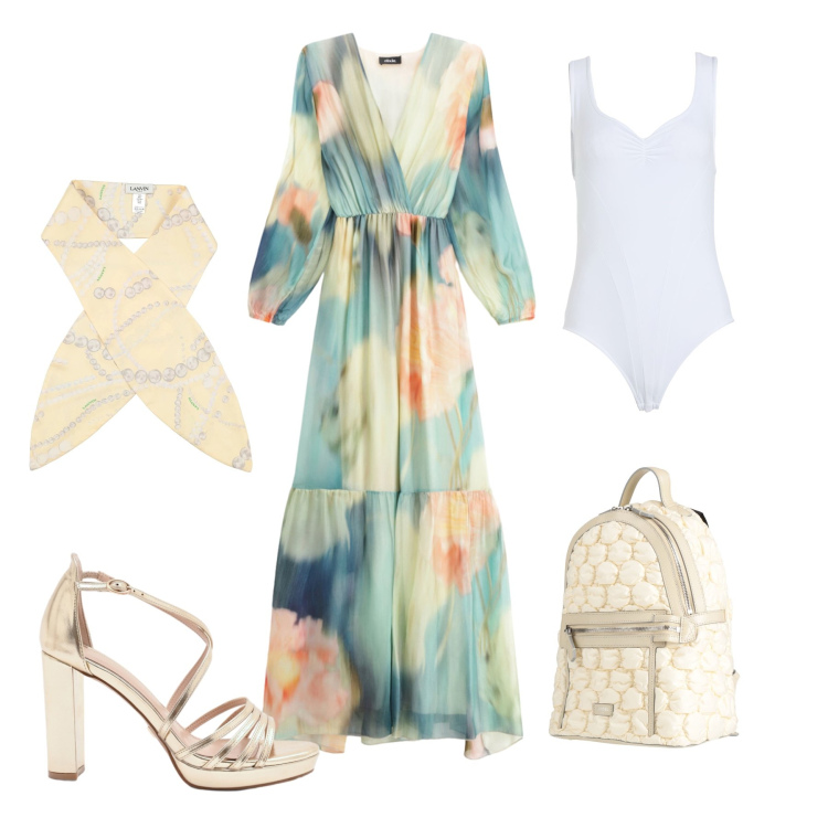 Outfit donna - Ethereal Glow. Stile Glamour per Tutti i giorni. Abbinamento con zaini, sciarpe, body, vestiti lunghi, sandali col tacco.