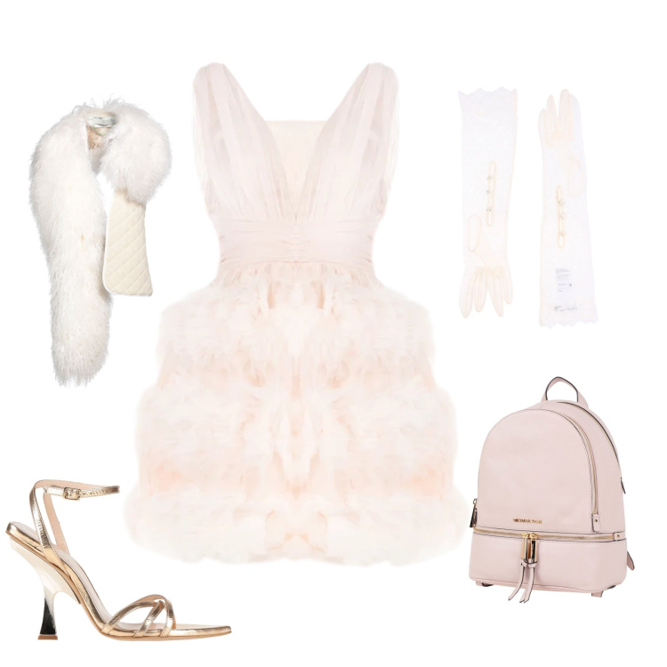 Outfit donna - Petal Glamour. Stile Glamour per Serata fuori. Abbinamento con guanti, sandali in pelle, cinture, zaini, vestiti corti.