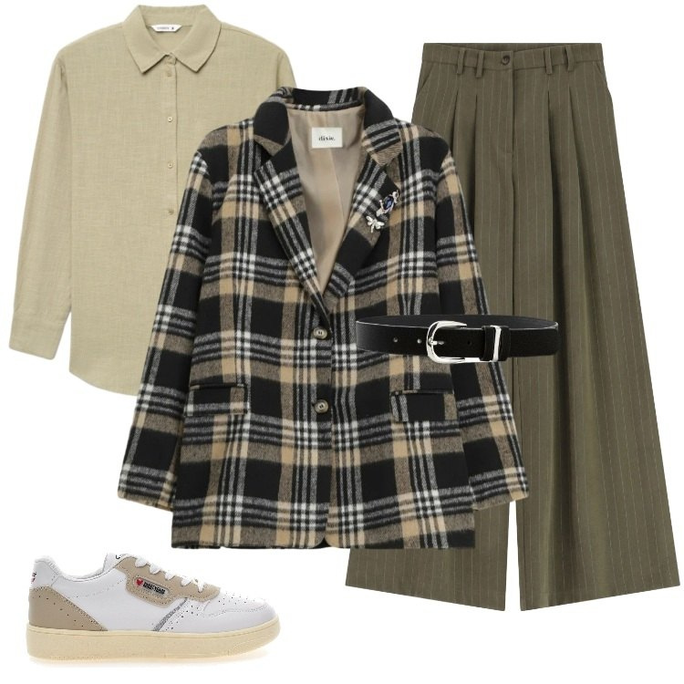 Outfit donna - Total look #2338148. Stile Mannish per Serata fuori. Abbinamento con cinture, blazer, pantaloni a palazzo, camicie, sneakers.