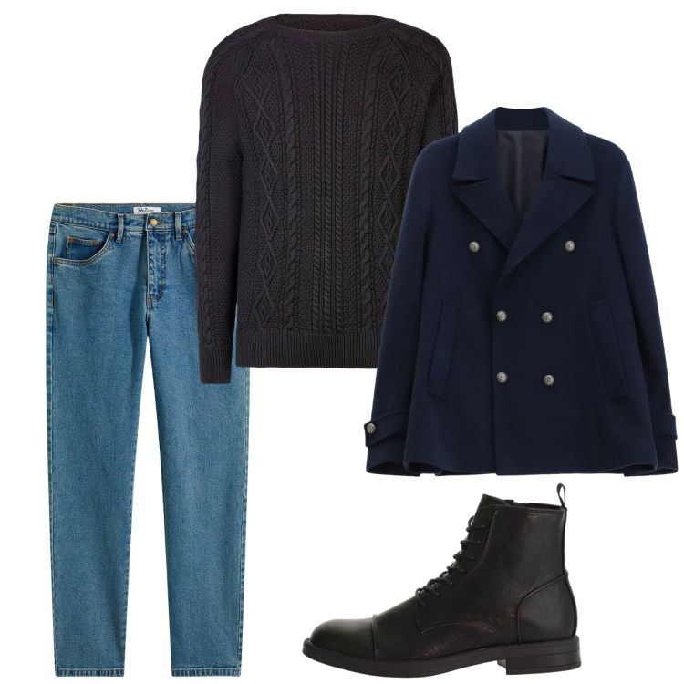 Outfit uomo - Febbraio. Stile Casual per Tutti i giorni. Abbinamento con jeans dritti, anfibi, cappotti, maglieria.