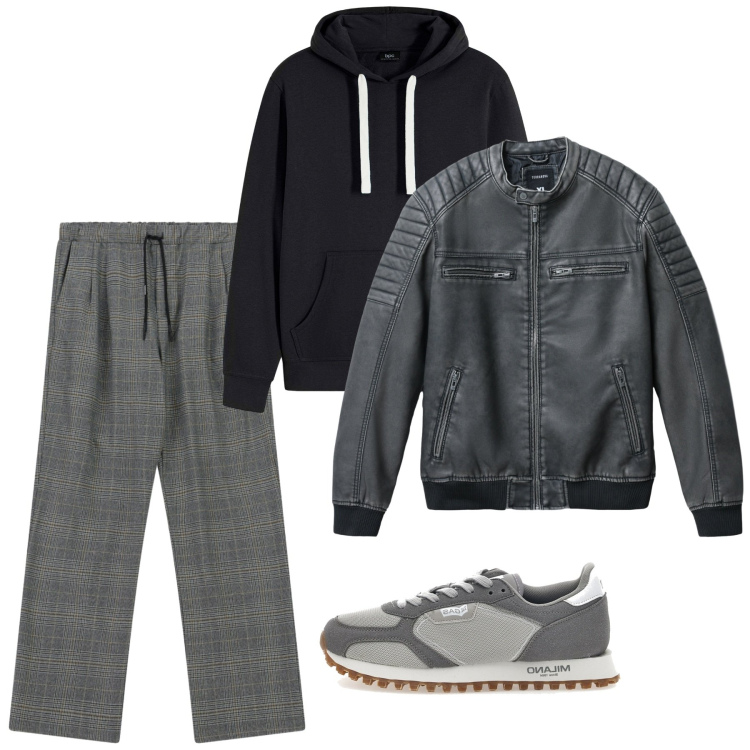 Outfit uomo - Febbraio grigio. Stile Casual per Tutti i giorni. Abbinamento con felpe con cappuccio, giacche, pantaloni, sneakers.