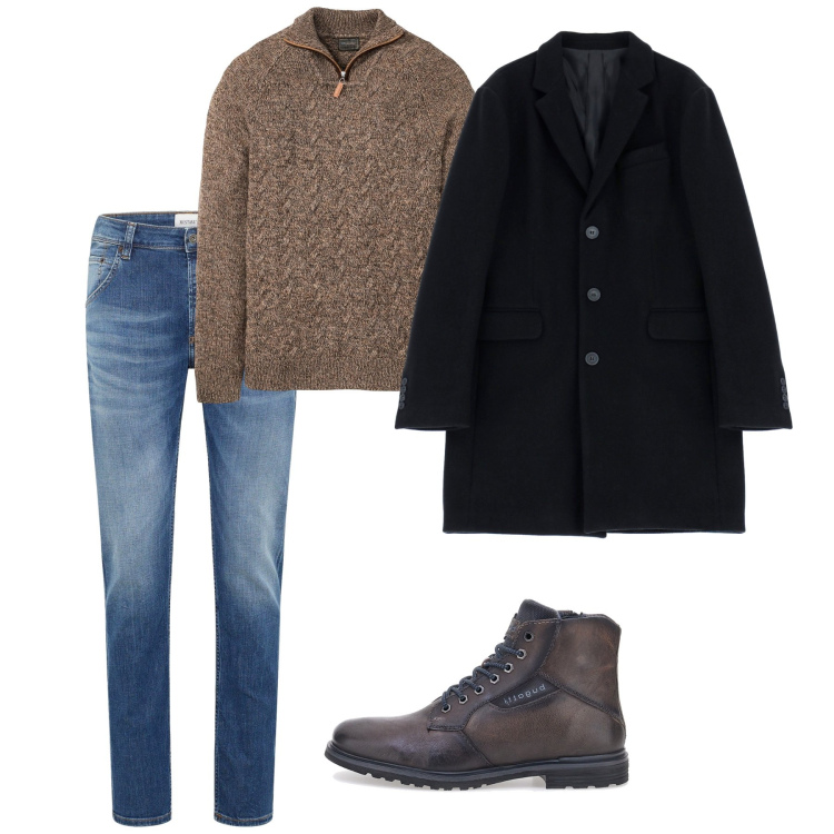 Outfit uomo - Febbraio cappotto classico. Stile Casual per Tutti i giorni. Abbinamento con maglieria, jeans dritti, cappotti, stivali e stivaletti.