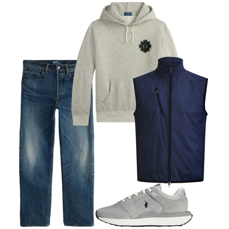 Outfit uomo - Febbraio. Stile Casual per Tutti i giorni. Abbinamento con jeans dritti, sneakers, felpe con cappuccio, piumini.