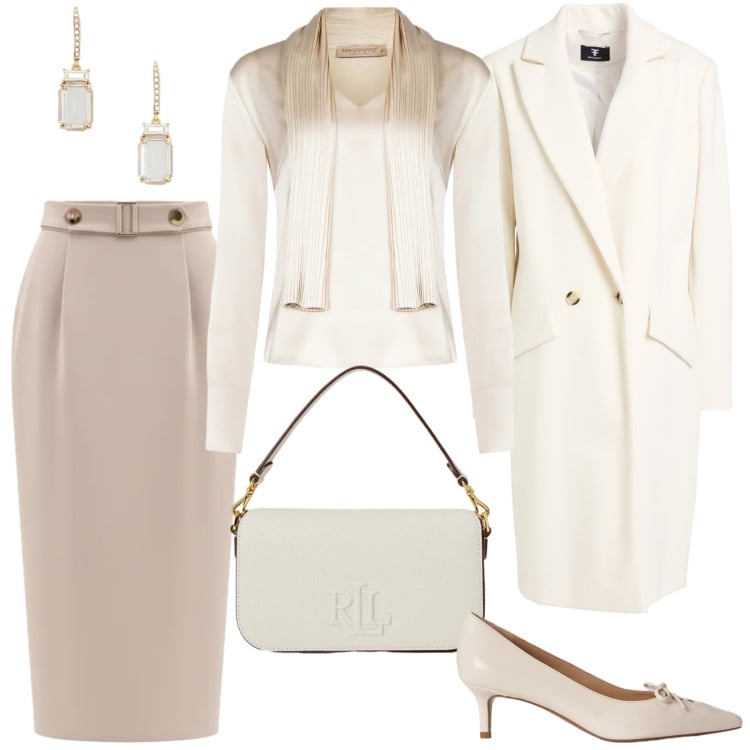 Outfit donna - Cerimonia d\'inverno. Stile Chic per Cerimonia. Abbinamento con cappotti, bluse, gonne longuette, décolleté, borse a spalla, orecchini.