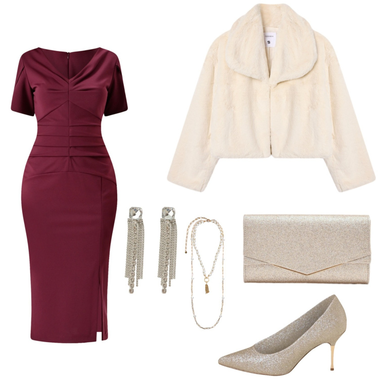 Outfit donna - San Valentino Oro e Borgogna. Stile Glamour per Serata fuori. Abbinamento con orecchini, ecopellicce, vestiti midi/longuette, décolleté, clutch, collane.