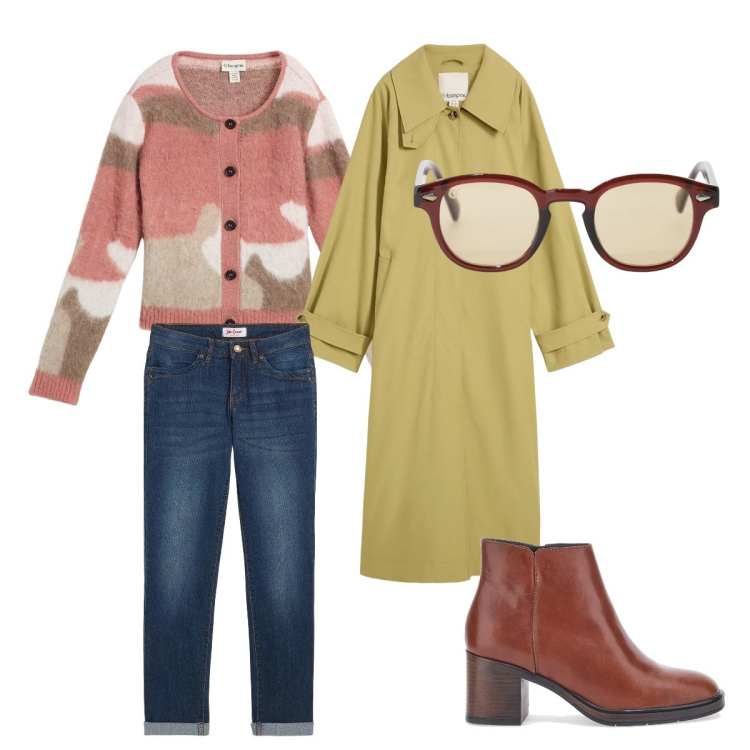 Outfit donna - Piove ma spero esca il sole. Stile Military per Tutti i giorni. look ideale per Petite. Abbinamento con cardigans, jeans dritti, trench, occhiali da sole, stivaletti.
