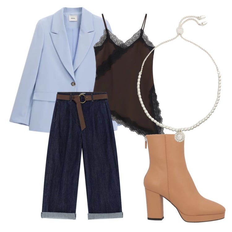 Outfit donna - Dalla mattina alla sera. Stile Bon Ton per Ufficio. Abbinamento con stivaletti, canottiere, blazer, jeans, braccialetti.