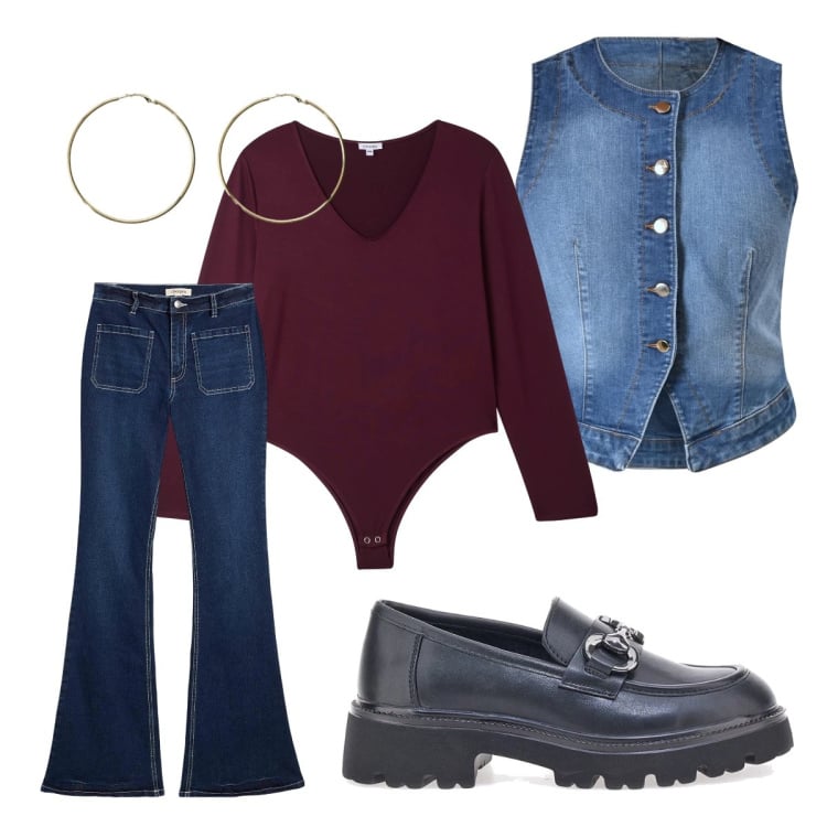 Outfit donna - Sabato mattina. Stile Casual per Scuola/Università. look ideale per Petite. Abbinamento con jeans bootcut, orecchini, body, gilet, mocassini.